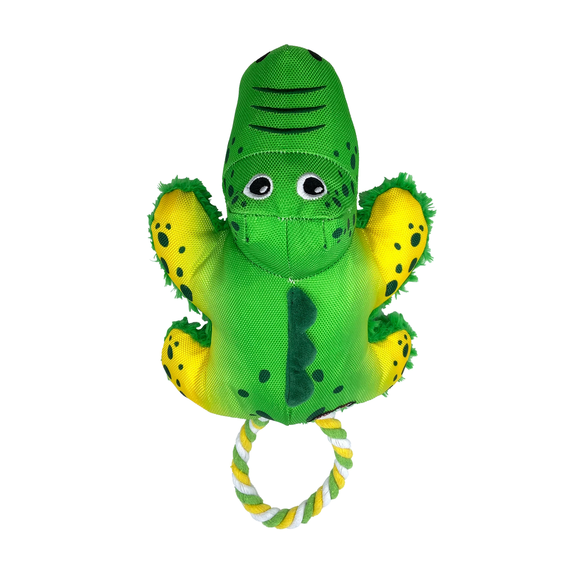 KONG Cozie Tuggz Alligator hundeleke med tau, pipelyd og myk plysj nærbilde