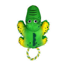KONG Cozie Tuggz Alligator hundeleke med tau, pipelyd og myk plysj nærbilde