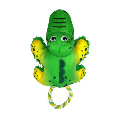 KONG Cozie Tuggz Alligator hundeleke med tau, pipelyd og myk plysj nærbilde