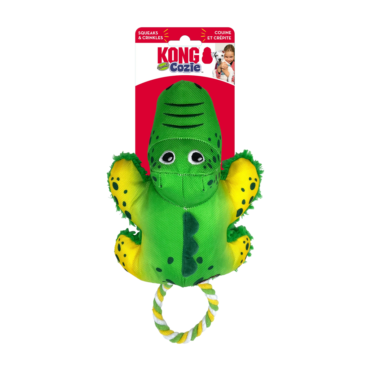 KONG Cozie Tuggz Alligator hundeleke med tau, pipelyd og myk plysj
