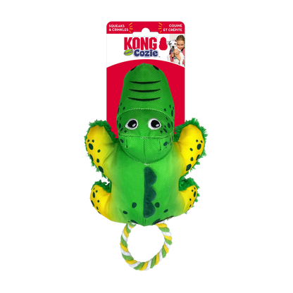 KONG Cozie Tuggz Alligator hundeleke med tau, pipelyd og myk plysj
