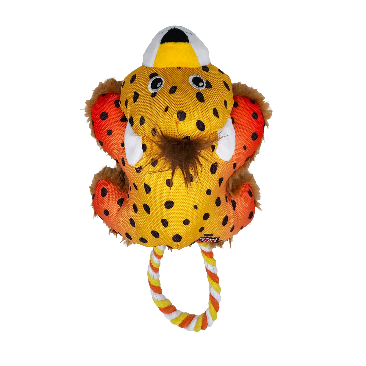 KONG Cozie Tuggz Cheetah hundeleke med tau, pipelyd og myk plysj nærbilde