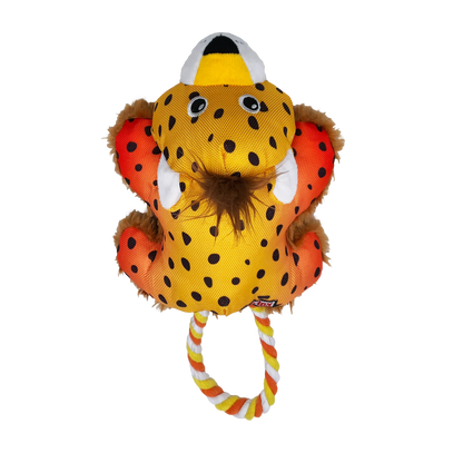 KONG Cozie Tuggz Cheetah hundeleke med tau, pipelyd og myk plysj nærbilde