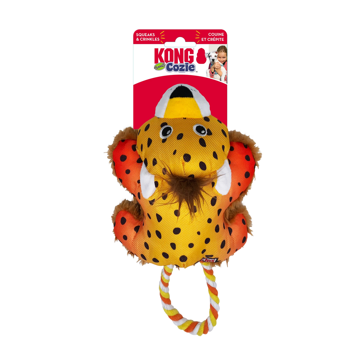 KONG Cozie Tuggz Cheetah hundeleke med tau, pipelyd og myk plysj
