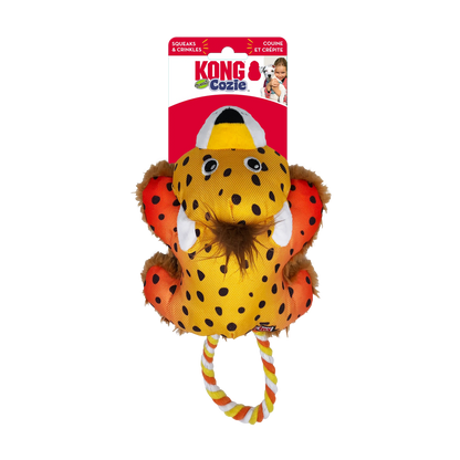 KONG Cozie Tuggz Cheetah hundeleke med tau, pipelyd og myk plysj
